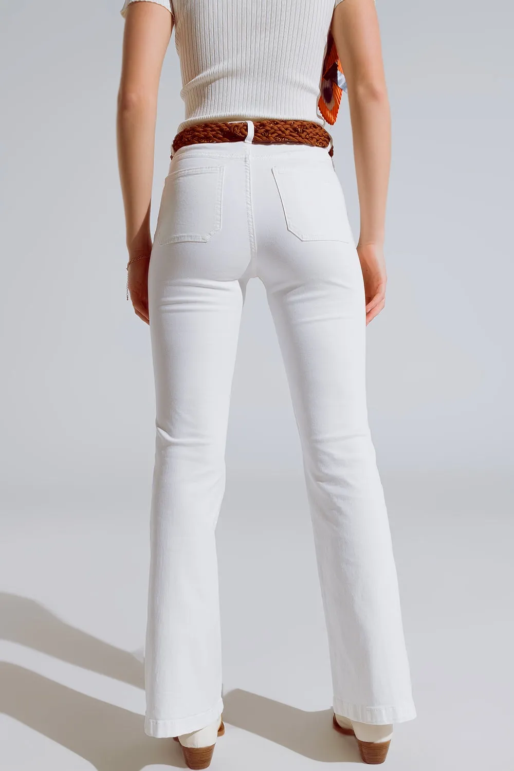 White Skinny Flared Jeans With Front Pocket Detail